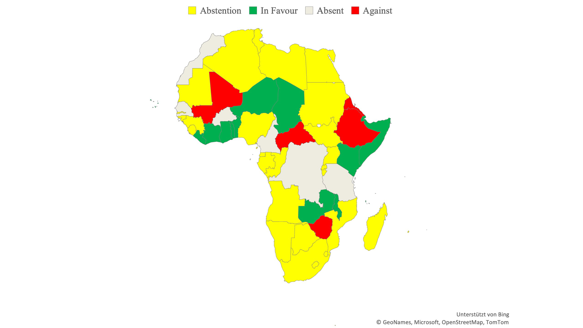 Map showing African States’ Votes on UN Resolution ES-11/6 (“Furtherance of Remedy and Reparation for Aggression against Ukraine”), November 2022.