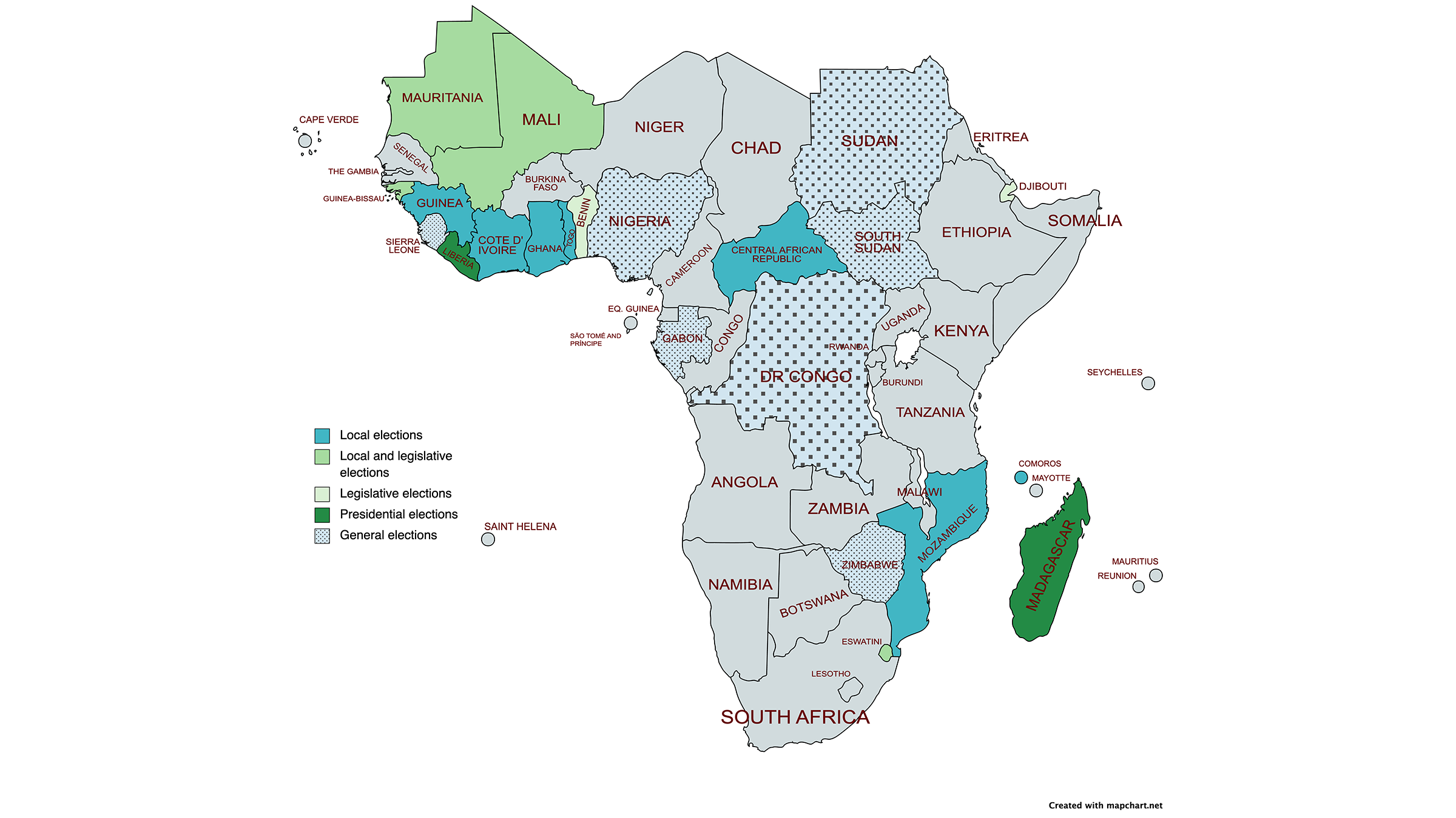 Map of Africa showing all elections in 2023 in the states.