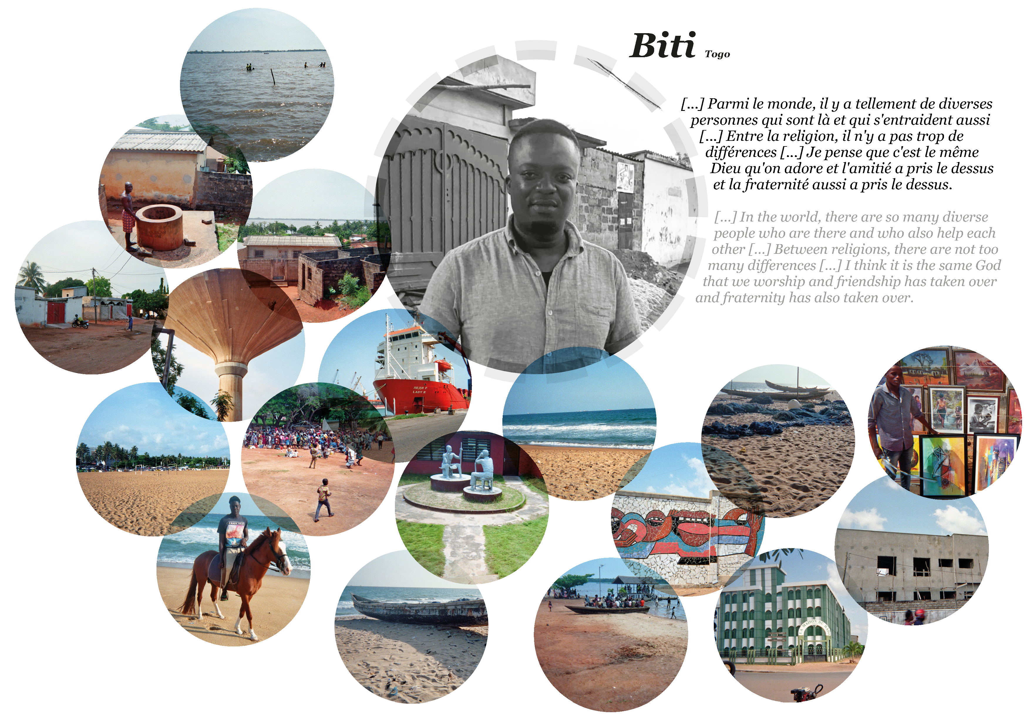 Collage of pictures of religion and peace by Biti in Togo