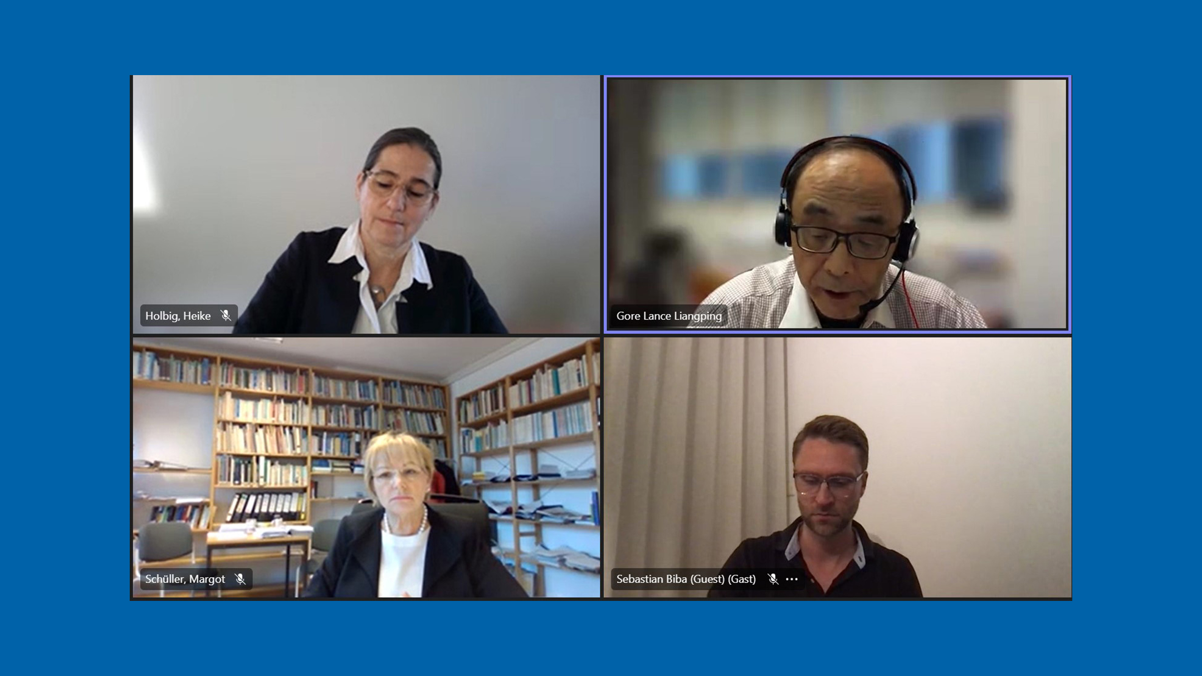 Screenshot of the GIGA Forum "Making China Great Again? [...]", panelists, from left to right and top to bottom: Heike Holbig, Lance Liangping Gore, Margot Schüller, Sebastian Biba