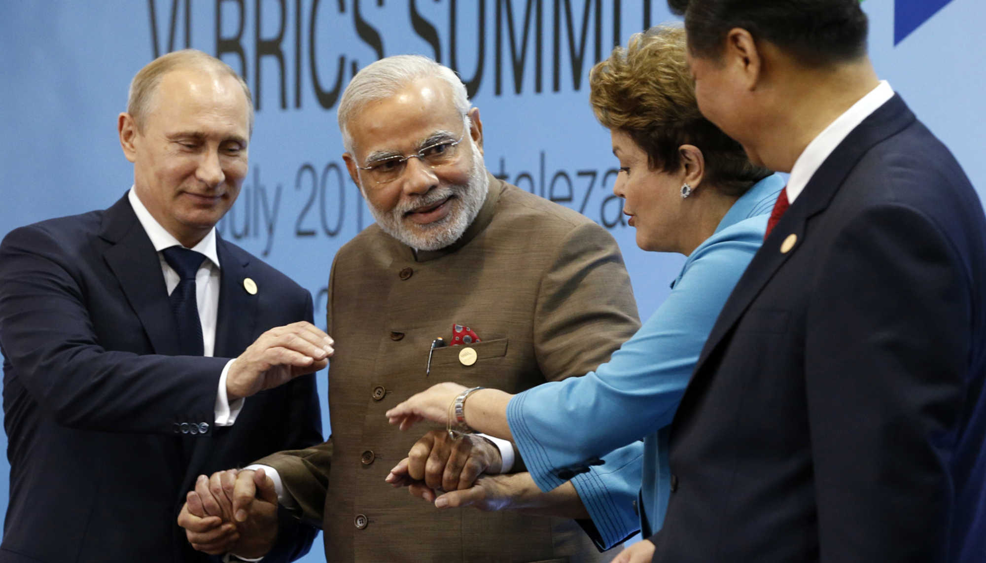 India's Prime Minister Narendra Modi with other heads of state at the BRICS Summit in Brazil.