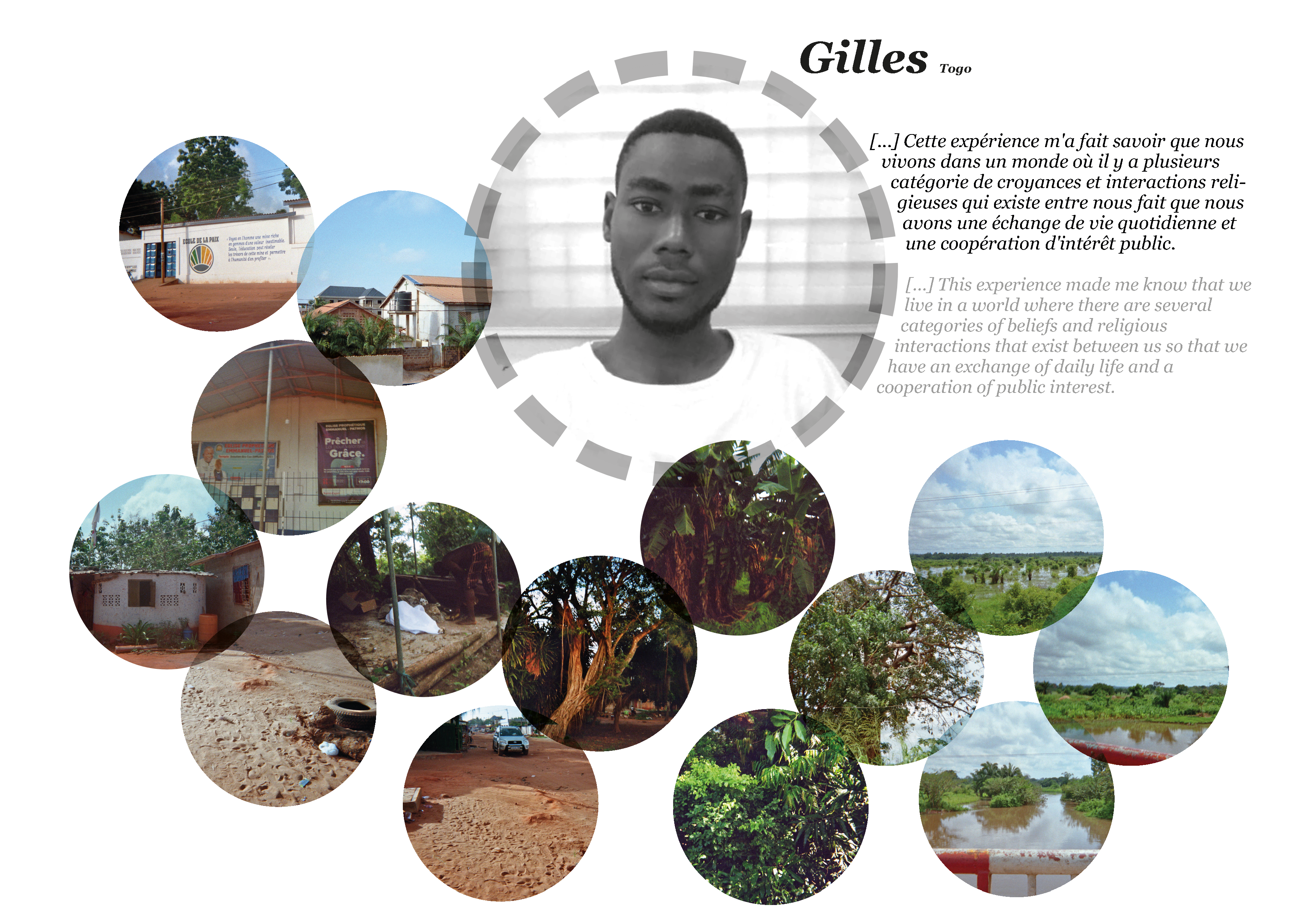 Collage of pictures of religion and peace by Gilles in Togo