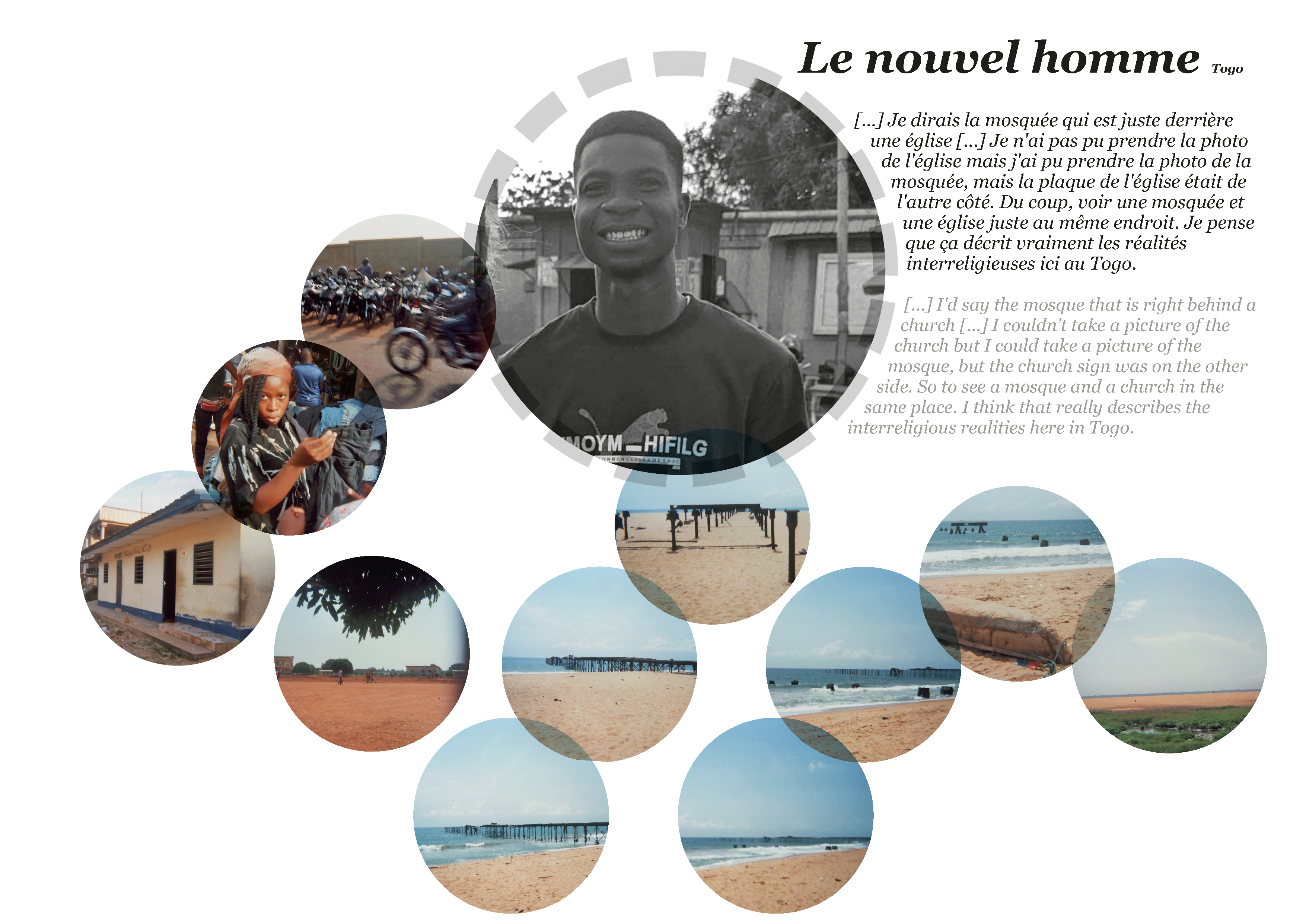 Collage of pictures of religion and peace by Le nouvel homme in Togo