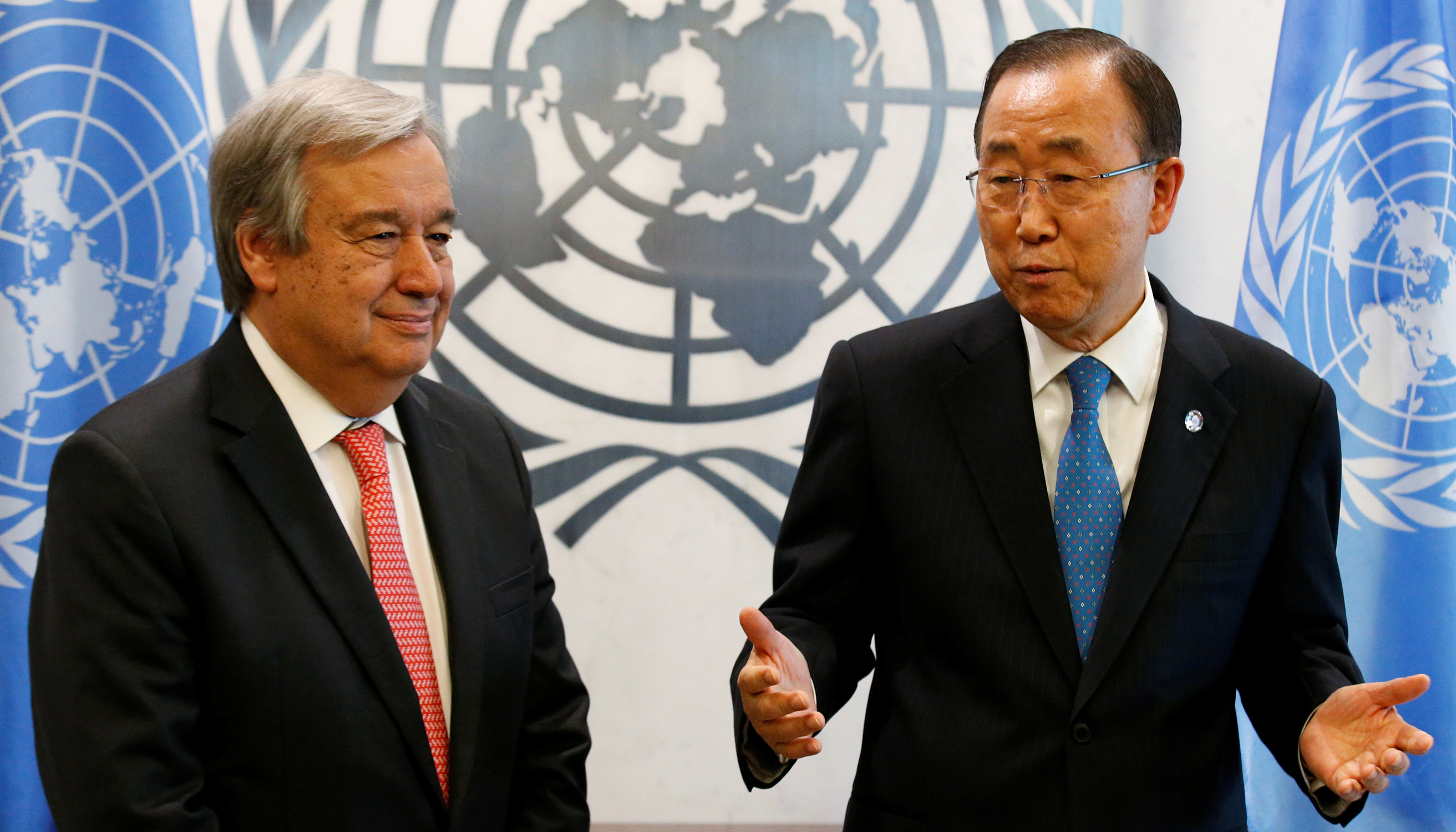 Der designierte Generalsekretär Antonio Guterres aus Portugal und U.N.-Generalsekretär Ban Ki-moon im U.N.-Sitz in New York City