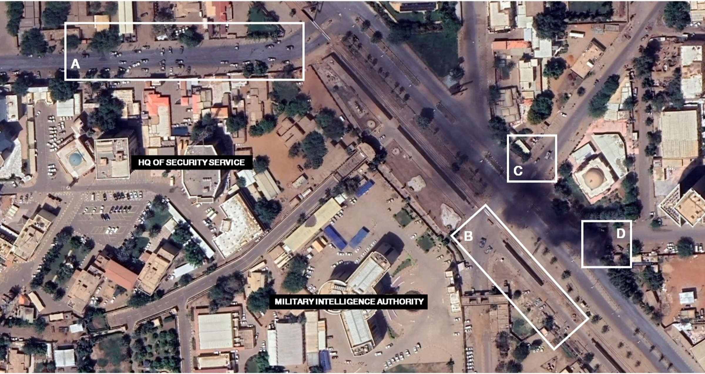 Aerial View of Vehicles (Box A) and Tanks (Box B, C and D) Clustered at the Entrances to the Security Service HQ and the Military Intelligence Authority near the General Command of SAF in Khartoum