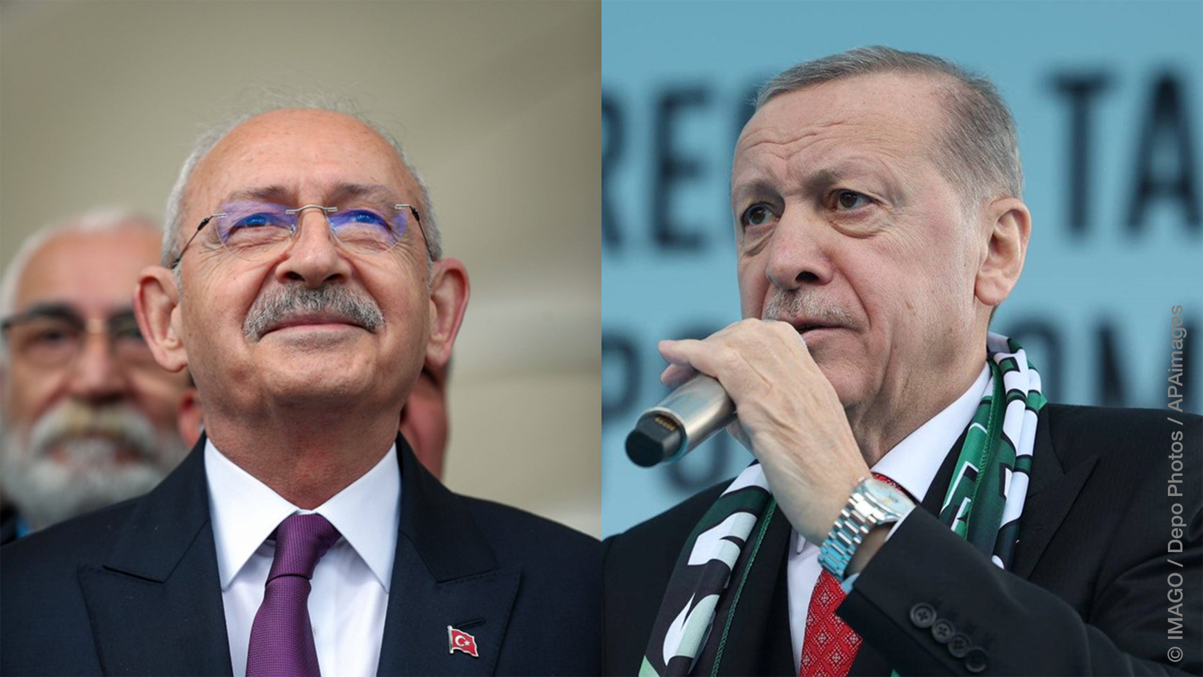 Left: Kemal Kilicdaroglu, presidential candidate from the Turkish opposition's six-party alliance during a campaign event in Istanbul. Right: Turkish President Recep Tayyip Erdogan during the opening ceremony in Sakarya Akyazi.