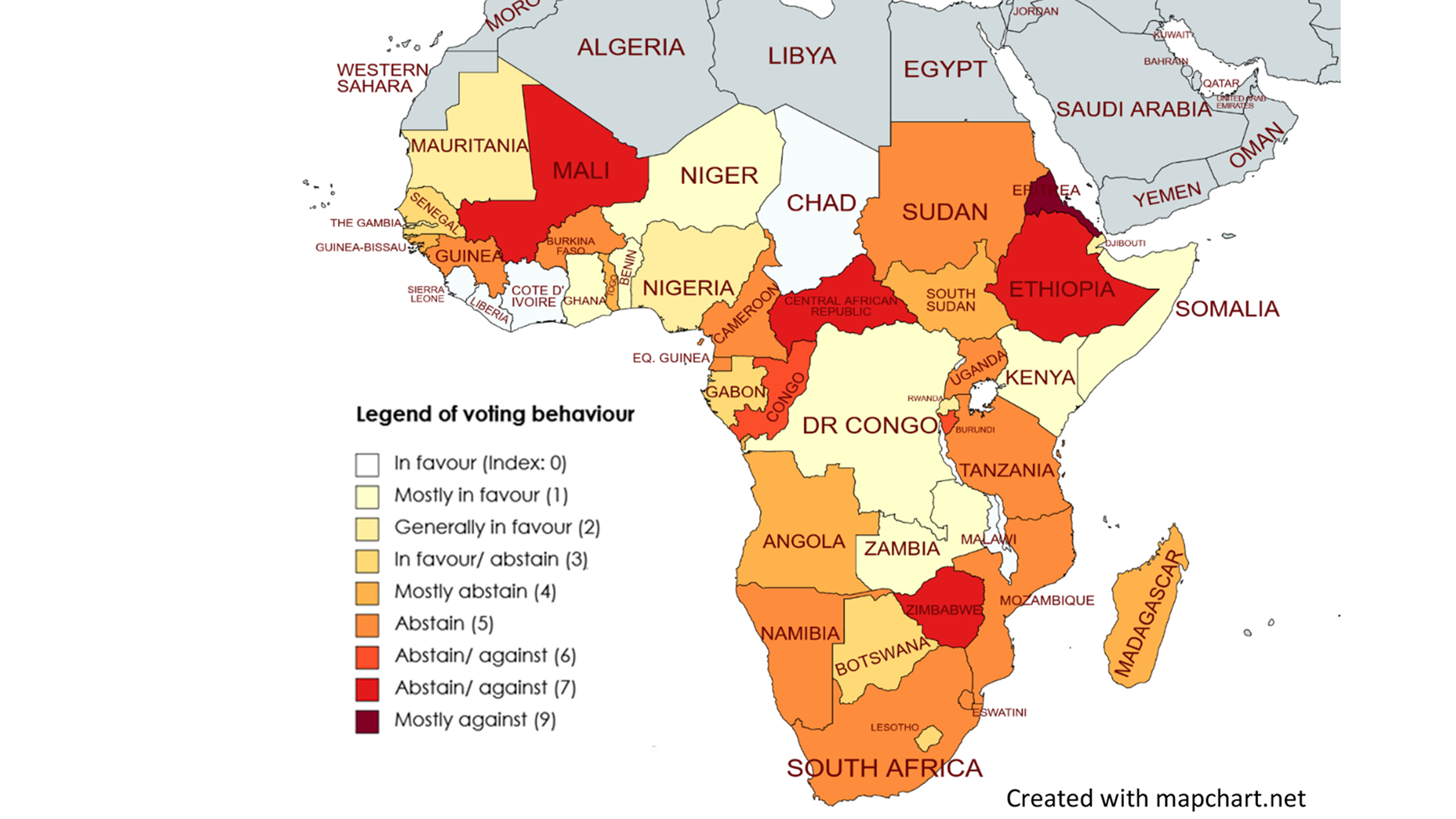 Map of Africa showing African Governments’ Voting Behaviour regarding UN Resolutions on the Ukraine War.