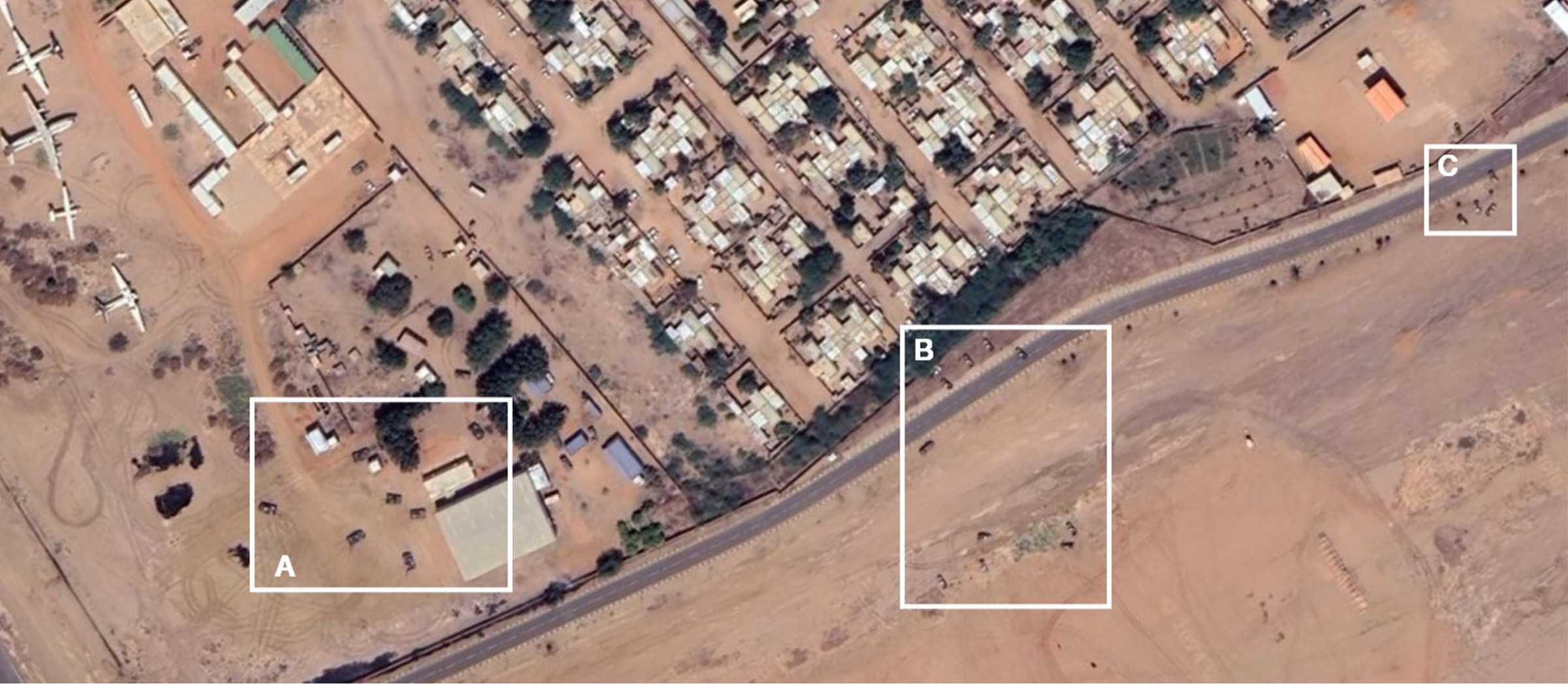 Tanks (Box A) and Pick-ups (Box B and C) Near the Tarmac of Khartoum Airport on 15.04.2023