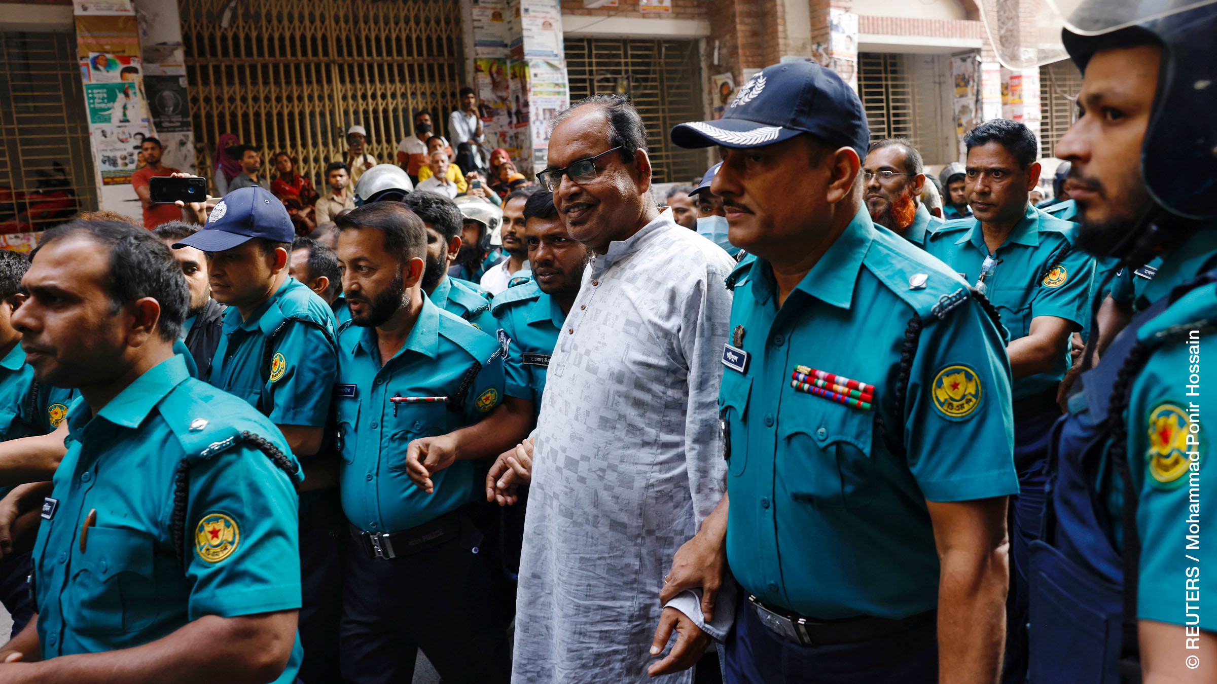 Shamsuzzaman Dudu, Vice Chairman of BNP, appears in the Chief Metropolitan Magistrate Court after being arrested by Detective Branch of the Dhaka Metropolitan Police over the sabotage case filed centring the BNP's rally, November 6, 2023. 