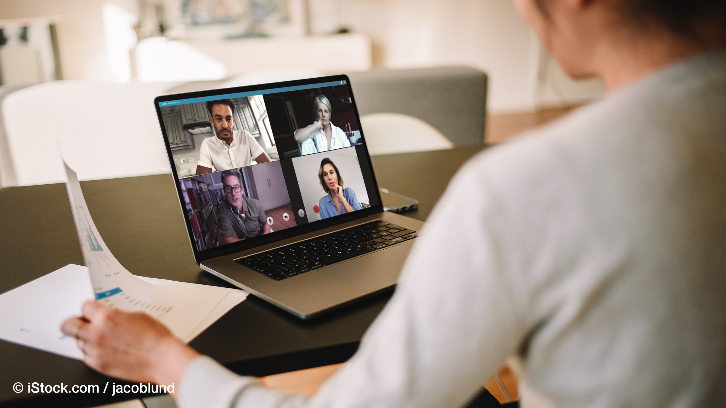 Group of business people working from home, having video conference